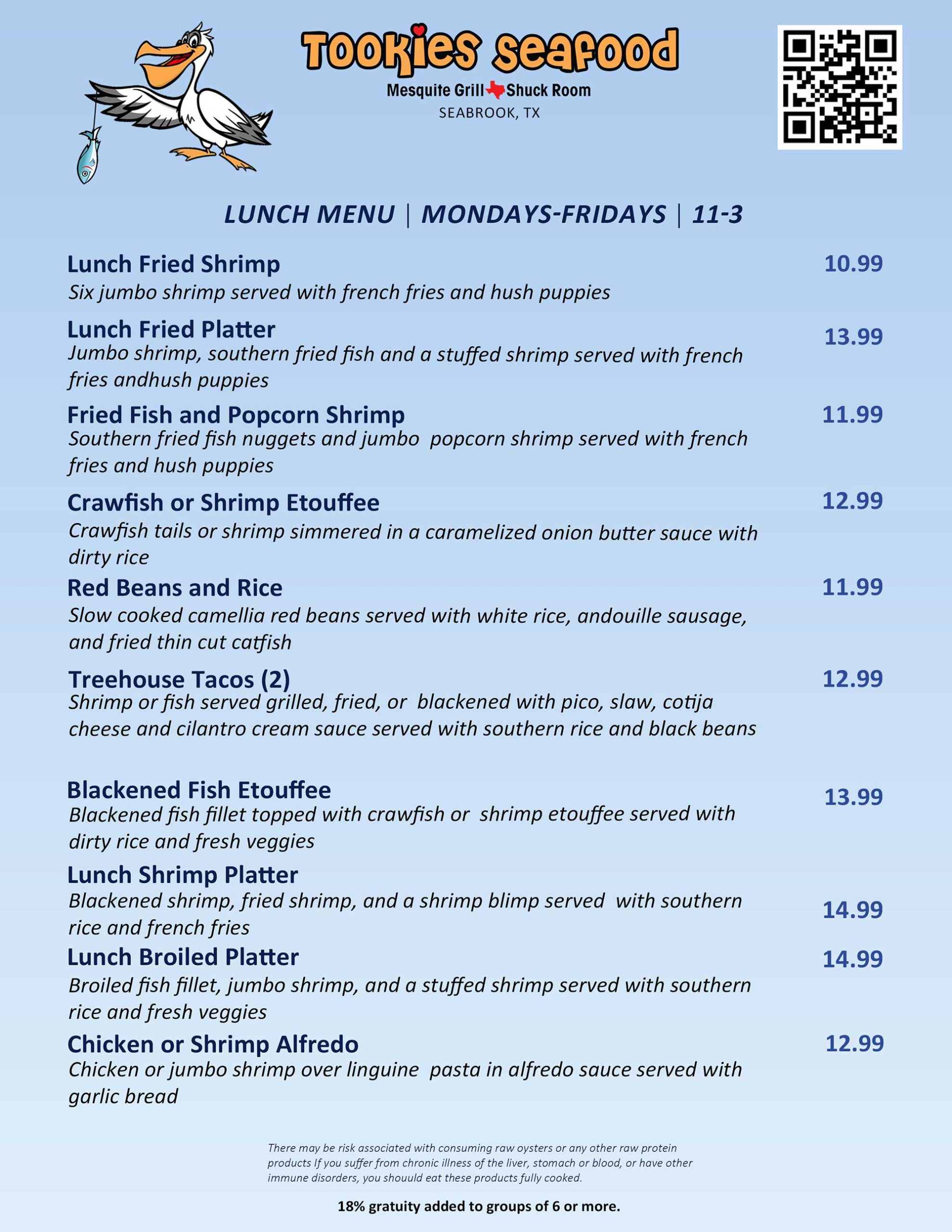 Toookie's Seafood Lunch menu